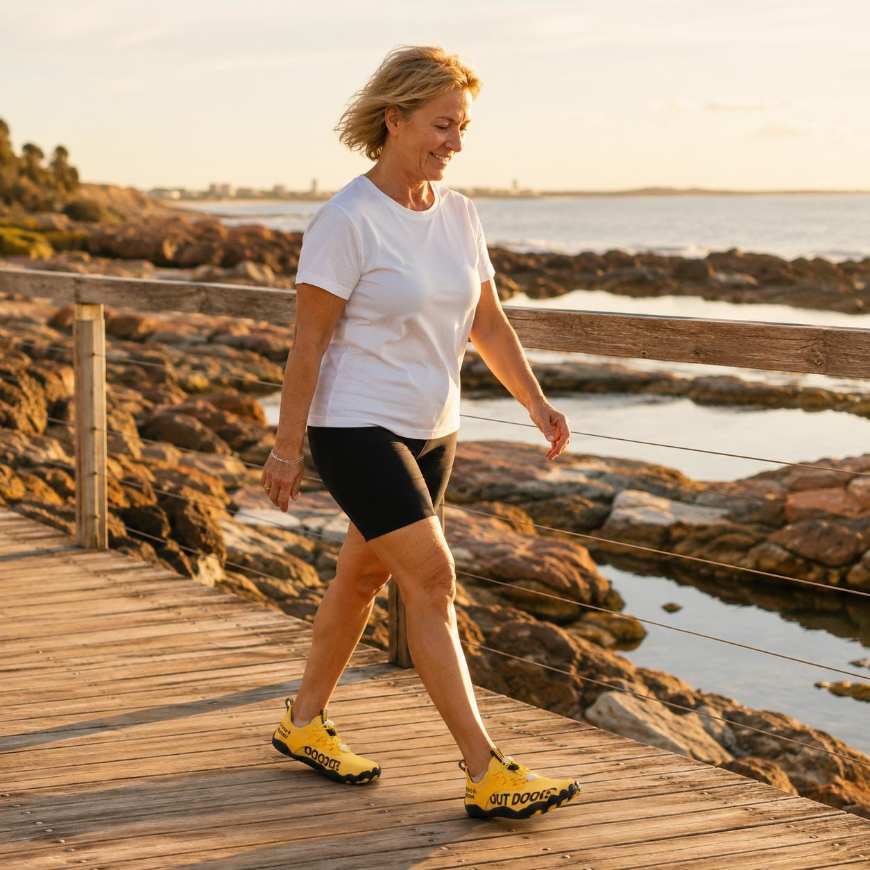 Folks Terra Yellow on a coastal boardwalk at golden hour