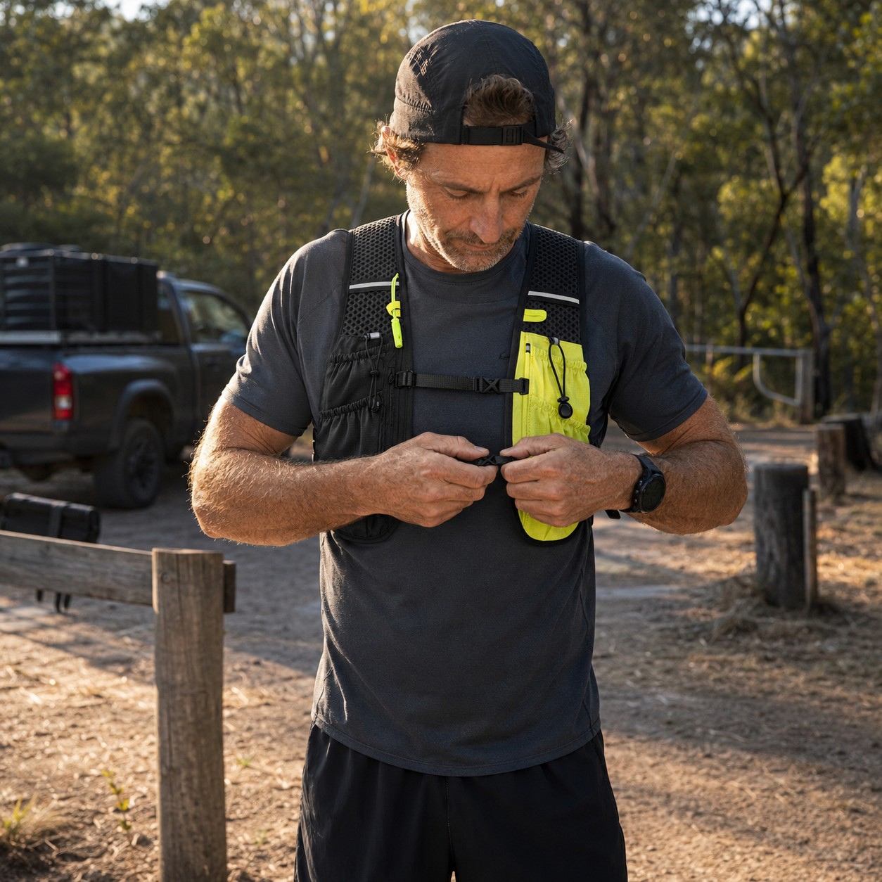 Folks Flare hydration vest description mood — runner cinching the vest at a trailhead