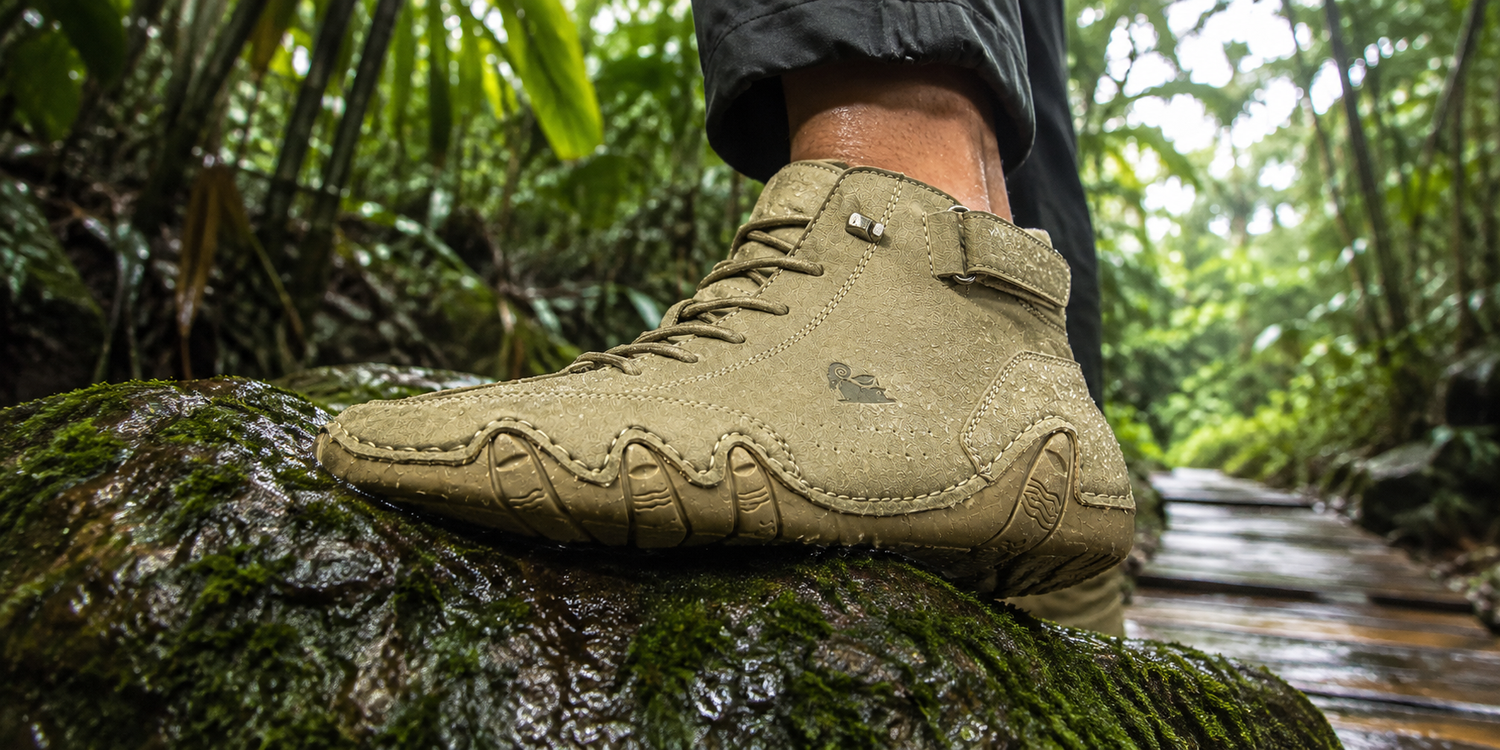 Verra Barefoot wavy stitched-rubber sole grips wet rock