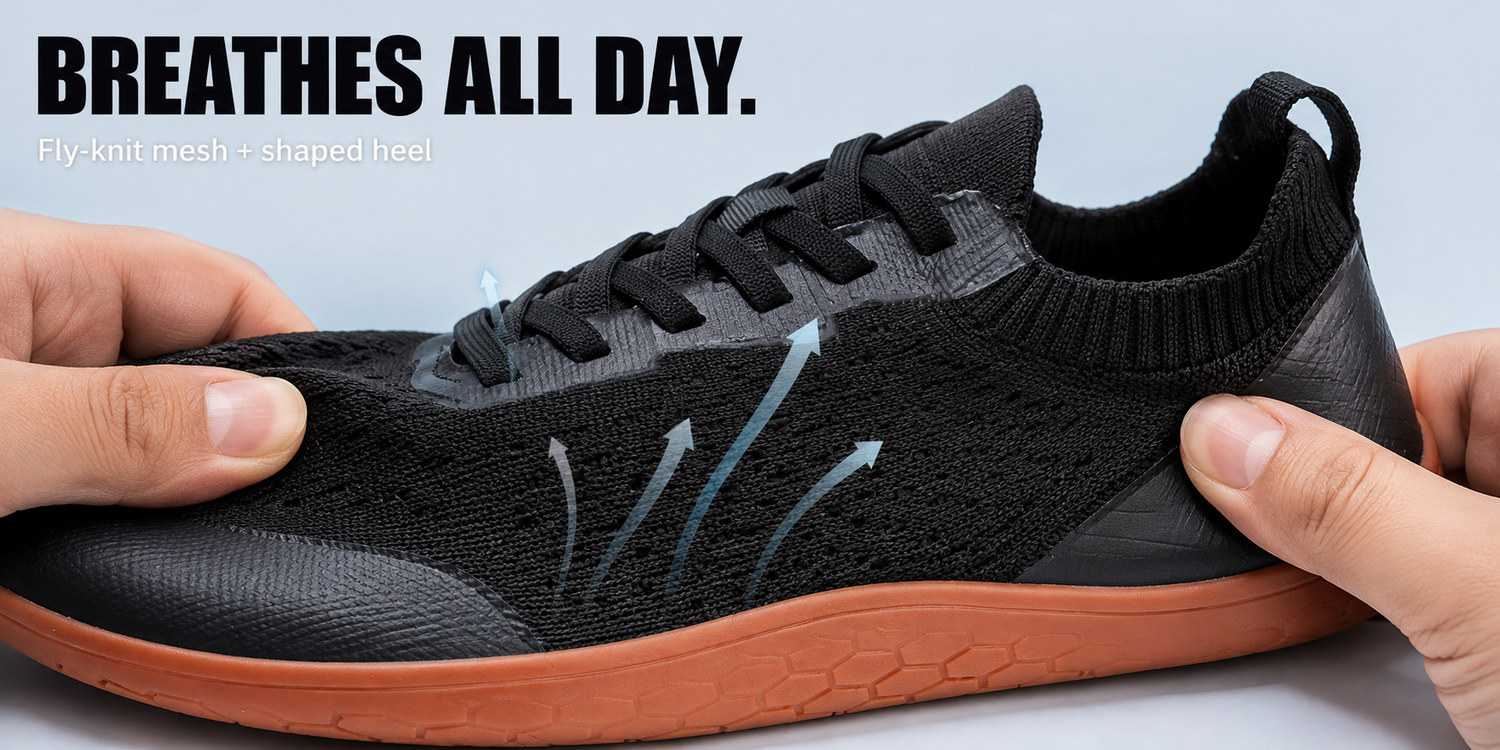 Fly-knit mesh and shaped heel — breathes all day