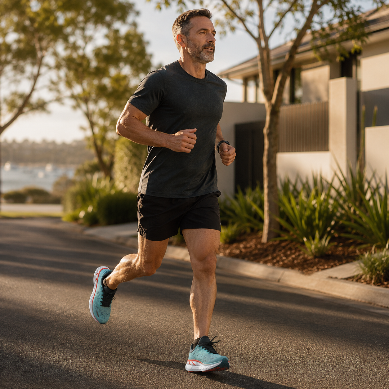 Runner wearing Aera Trainers on a suburban street