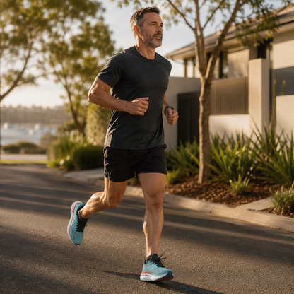 Runner wearing Aera Trainers on a suburban street