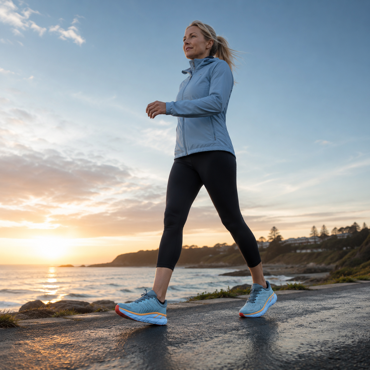 Walker wearing Aera Trainers on a coastal path