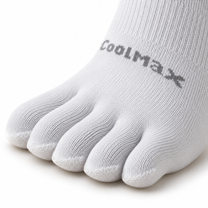 White Folks Splay five-toe sock worn on a rock outdoors