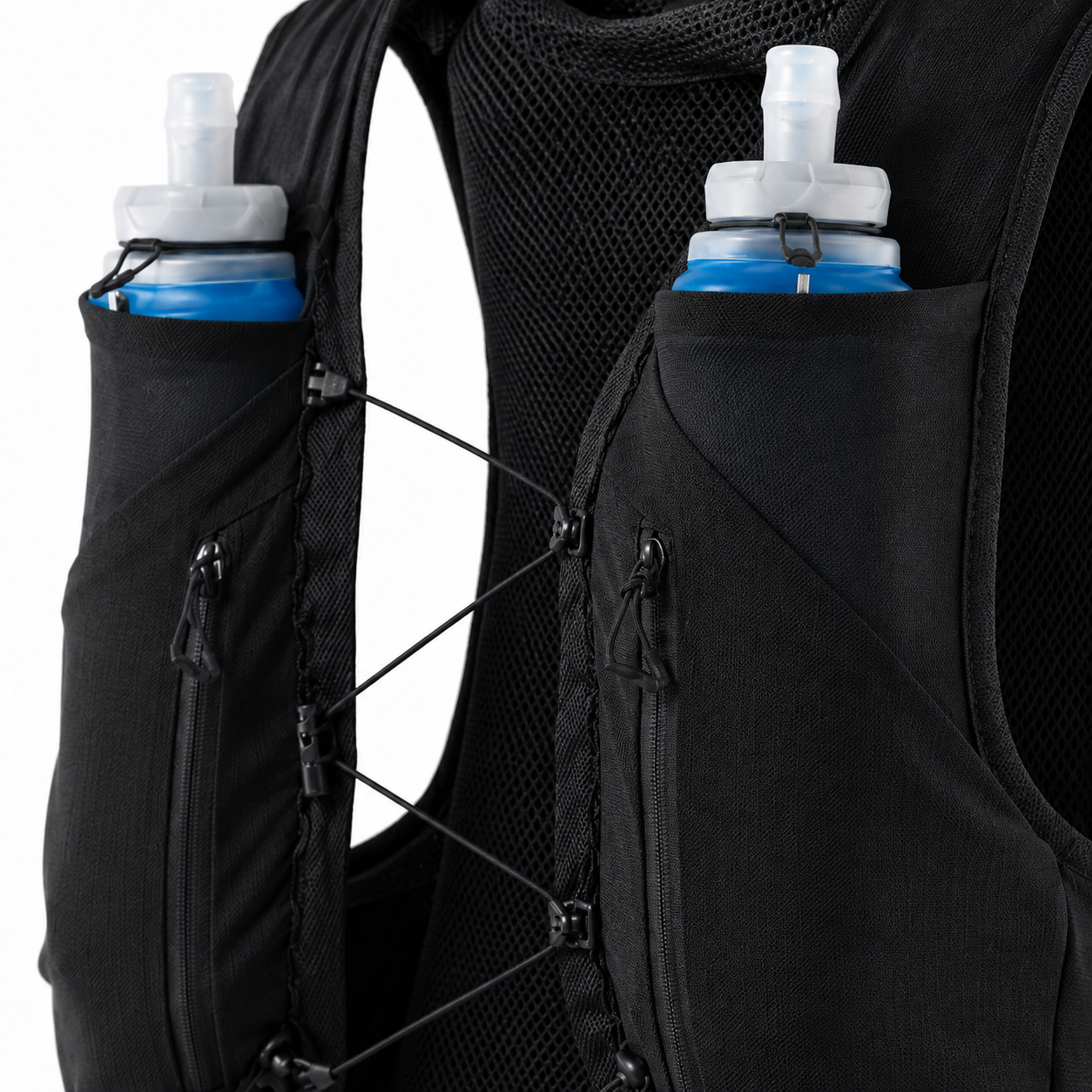Two 500ml soft flasks in the front chest pockets