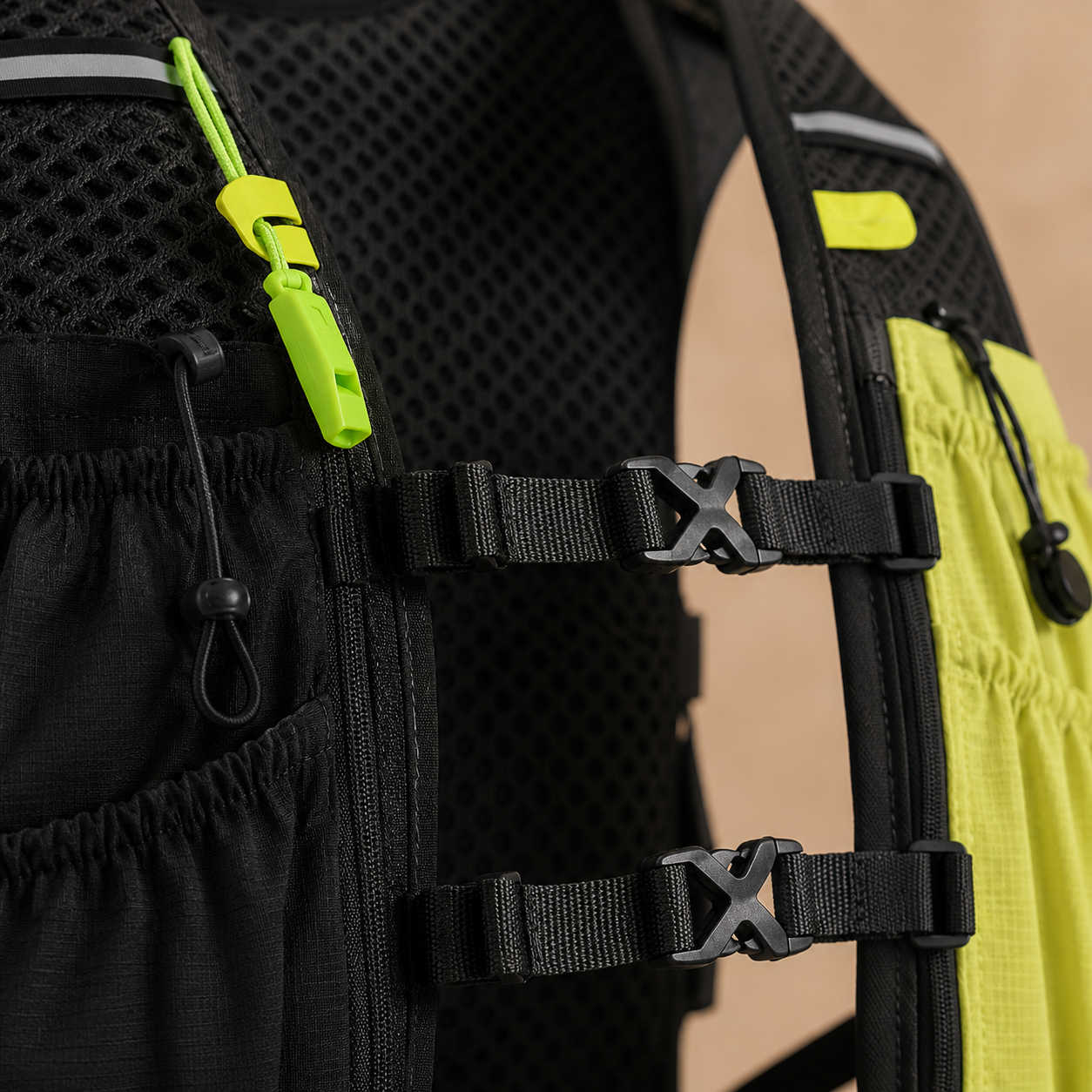 Adjustable X-buckle sternum straps and built-in emergency whistle