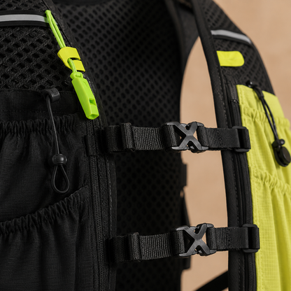 Adjustable X-buckle sternum straps and built-in emergency whistle