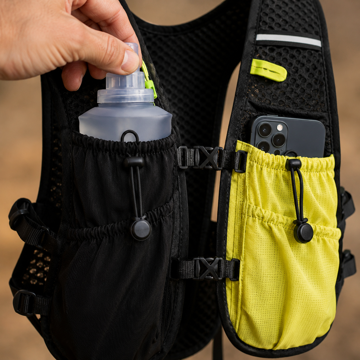Front bottle pocket with soft flask and dedicated phone pocket