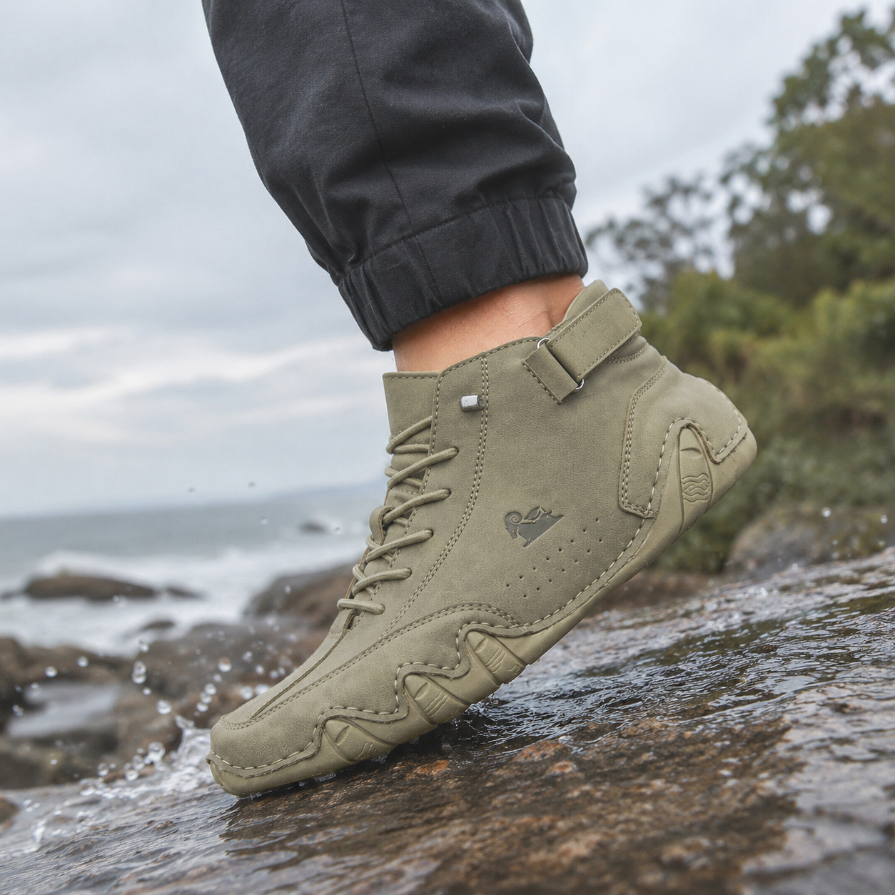 Verra Barefoot Khaki on a wet coastal trail