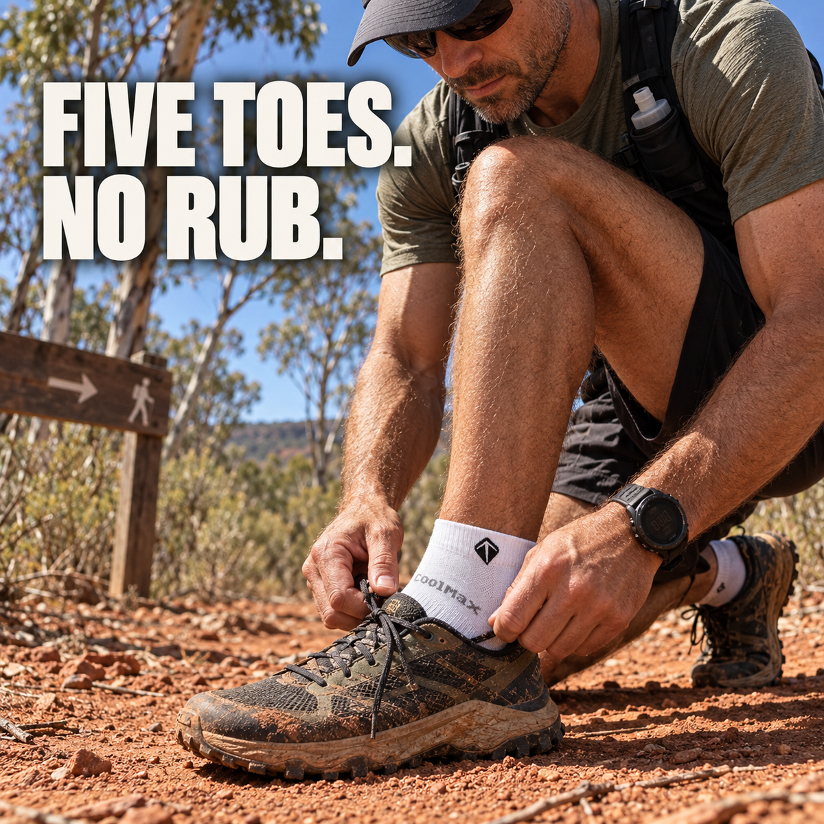 Trail runner lacing up in white Folks Splay socks — five toes, no rub