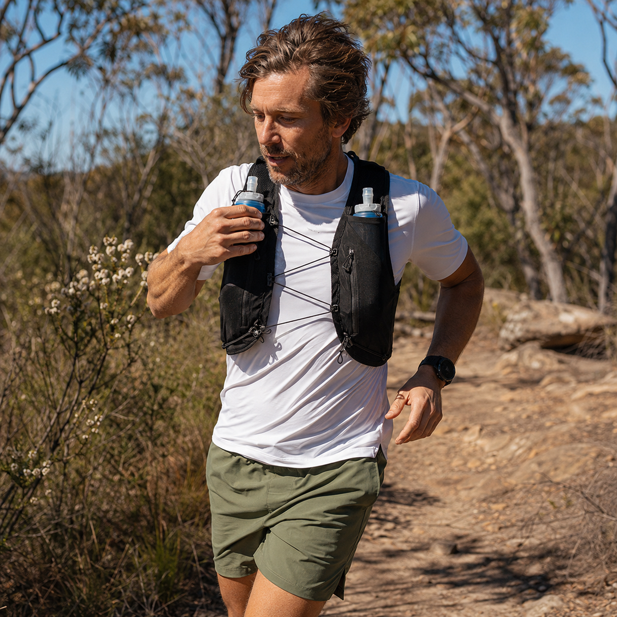 Trail runner wearing the Folks Traverse on an Australian bush trail