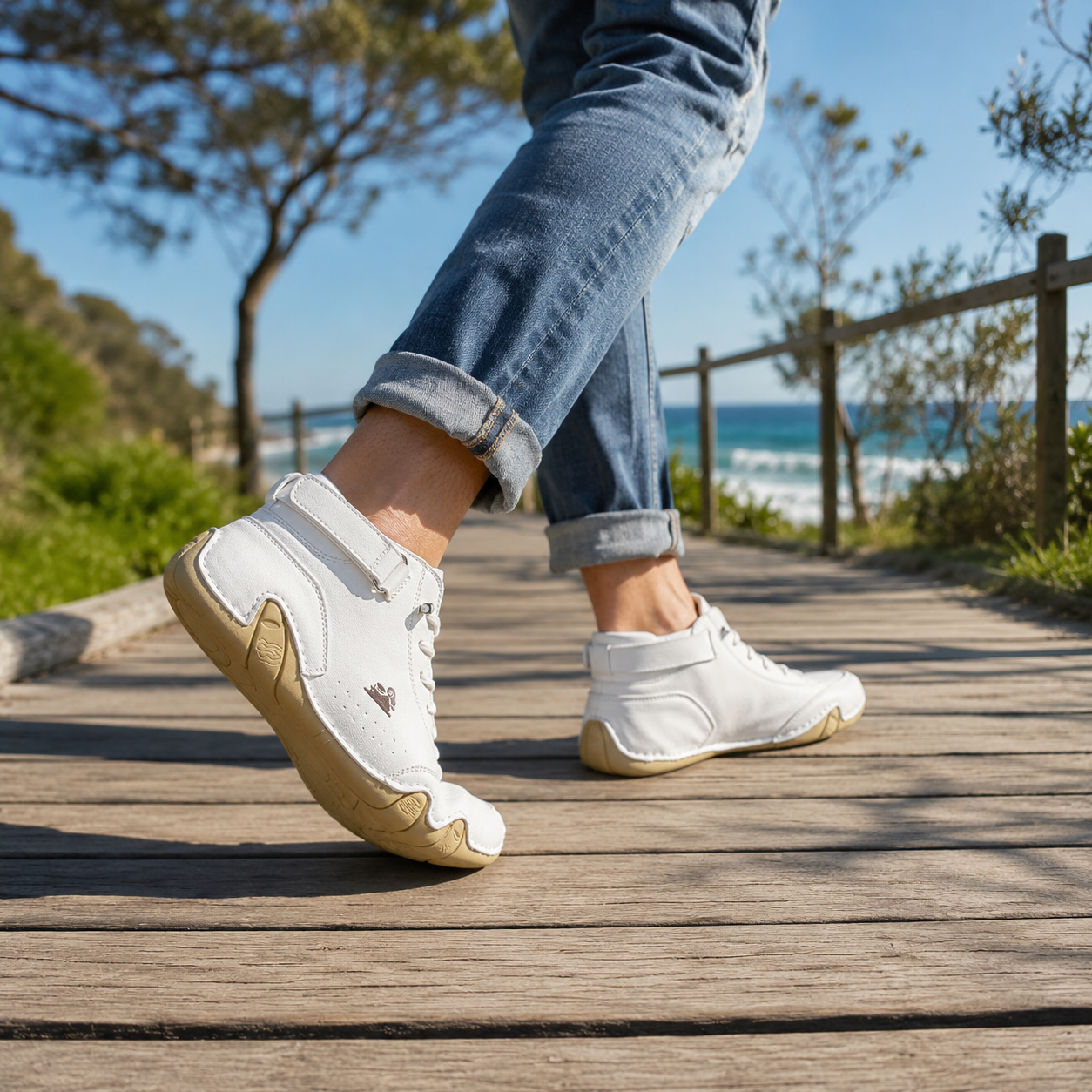 Verra Barefoot White on a coastal boardwalk
