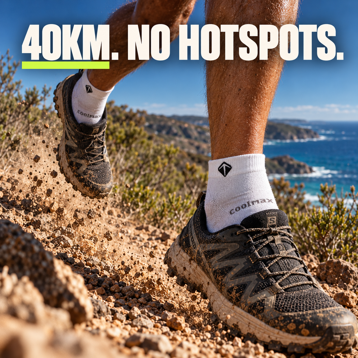 Trail runner on a coastal descent in white Folks Splay socks — 40km, no hotspots