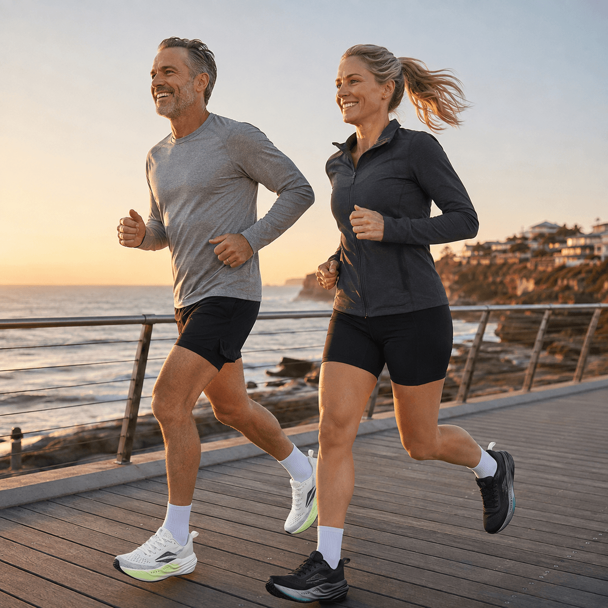 Couple running in Kova Loft on a coastal boardwalk