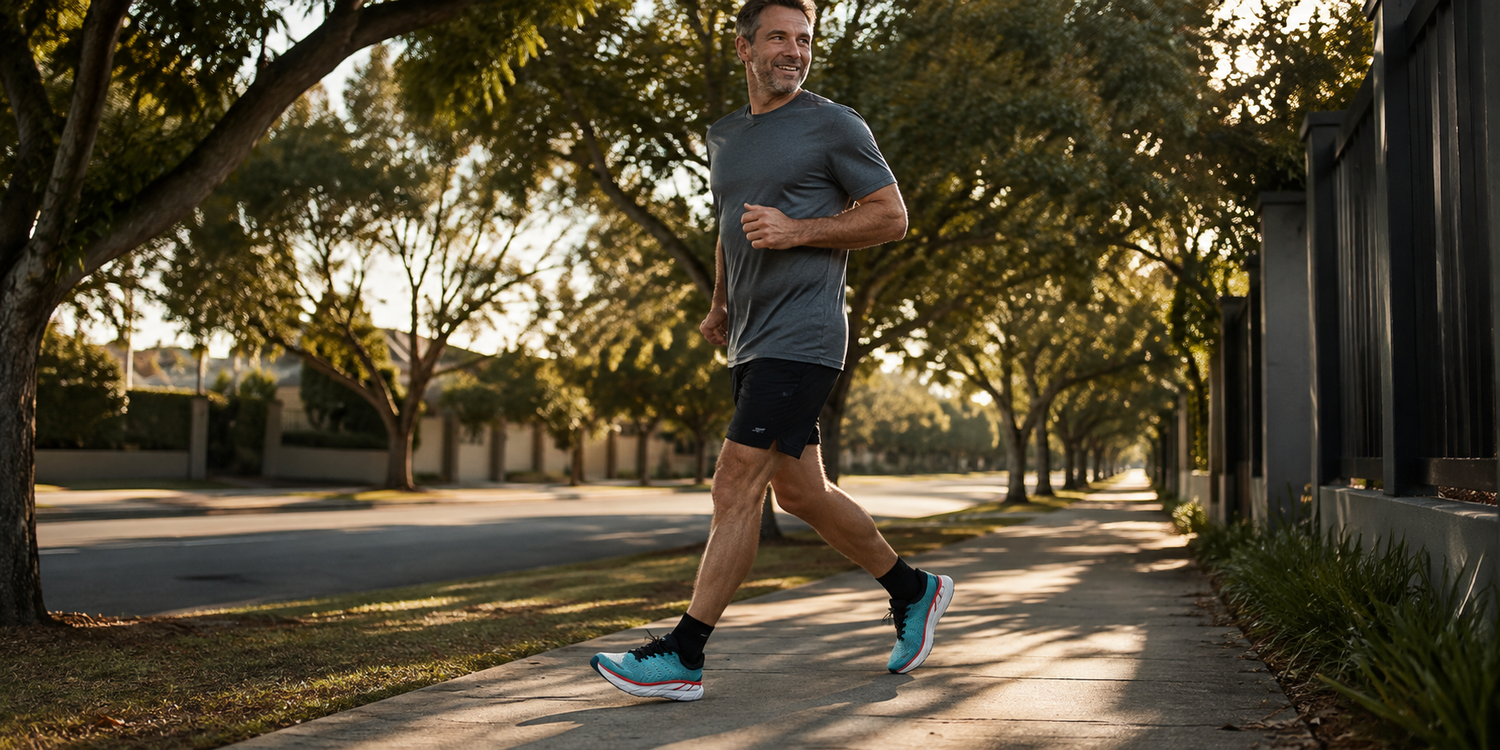 Runner mid-stride in the Aera Trainers on a tree-lined footpath